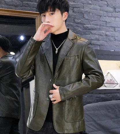 Men's Faux Leather Blazer Jacket Autumn Winter Warm Fleece Lined Casual Versatile Outerwear