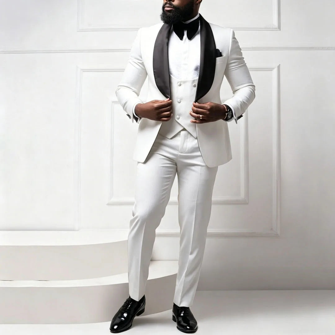 Men Suit Coffee 3 Pieces With Bright Black Lapel For Wedding Birthday Party Banquet Business Work Set Jacket Verst With Pants