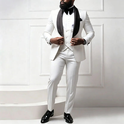 Men Suit Coffee 3 Pieces With Bright Black Lapel For Wedding Birthday Party Banquet Business Work Set Jacket Verst With Pants