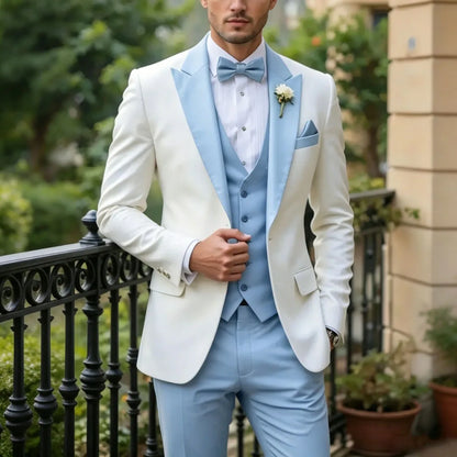 Men Suit Cream 3 Pieces Single Button With Lapel For Wedding Birthday Banquet Party Business Work Office Jacket Vest Pants