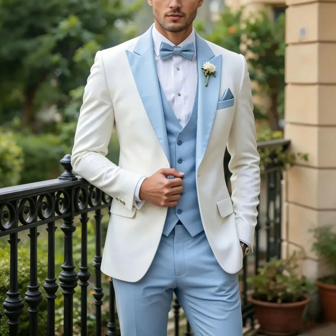 Men Suit Cream 3 Pieces Single Button With Lapel For Wedding Birthday Banquet Party Business Work Office Jacket Vest Pants