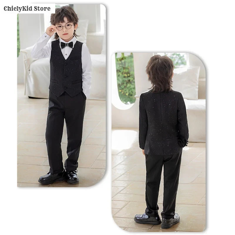 High Quality Boys Shiny Wedding Suits Kids Morning Coat Formal Dress Child Tuxedos Blazer Clothes Sets Toddler School Uniforms