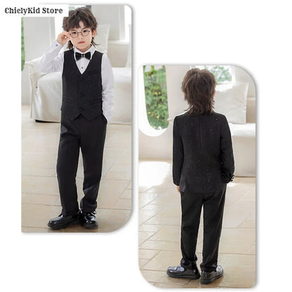 High Quality Boys Shiny Wedding Suits Kids Morning Coat Formal Dress Child Tuxedos Blazer Clothes Sets Toddler School Uniforms