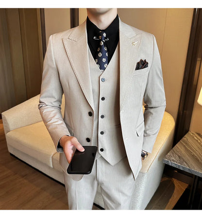 (Blazer + Vest + Trousers) 2024 New Men Formal Business Solid Suit 3 Pieces Set Italian Style Luxury Wedding Social Party Tuxedo