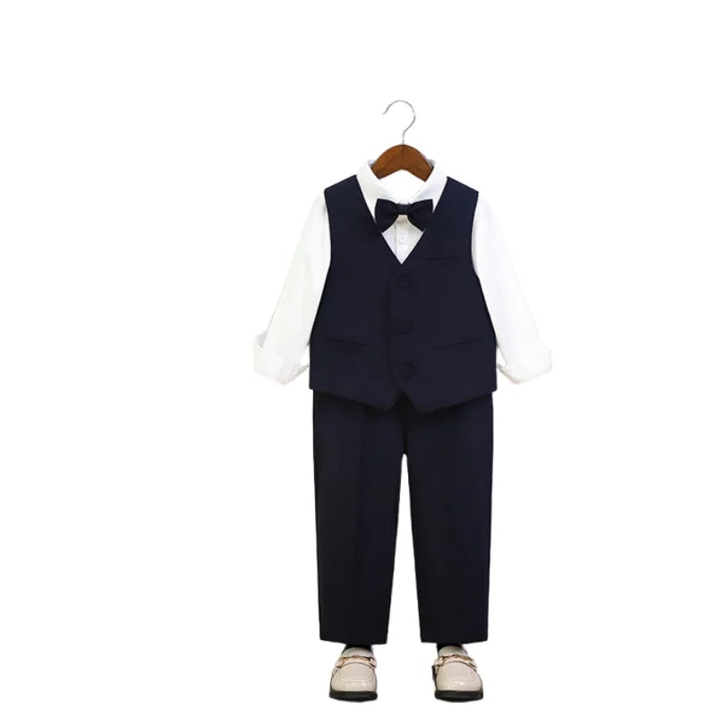 Gentleman Boys 5Pieces Formal Wedding Suit Set With Jacket Vest Pants Bowtie Brooch Kids Birthday Piano Performance Costume