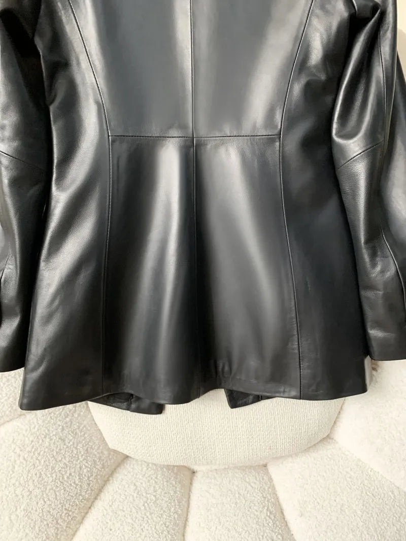 High Quality Women Single Breasted Genuine Leather Suit Jacket Fashion Office Lady Lapel Collar Slim Fit Sheepskin Blazers