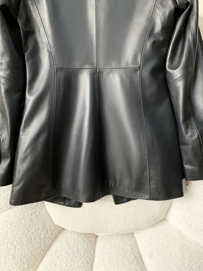 High Quality Women Single Breasted Genuine Leather Suit Jacket Fashion Office Lady Lapel Collar Slim Fit Sheepskin Blazers