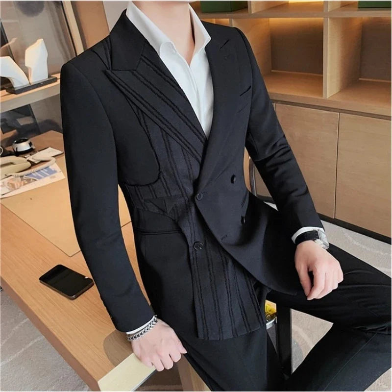 Autumn Stripe Stitching Blazers Men Double-breasted Casual Suit Jacket High-quality Male Business Social Wedding Dress Coat 2025