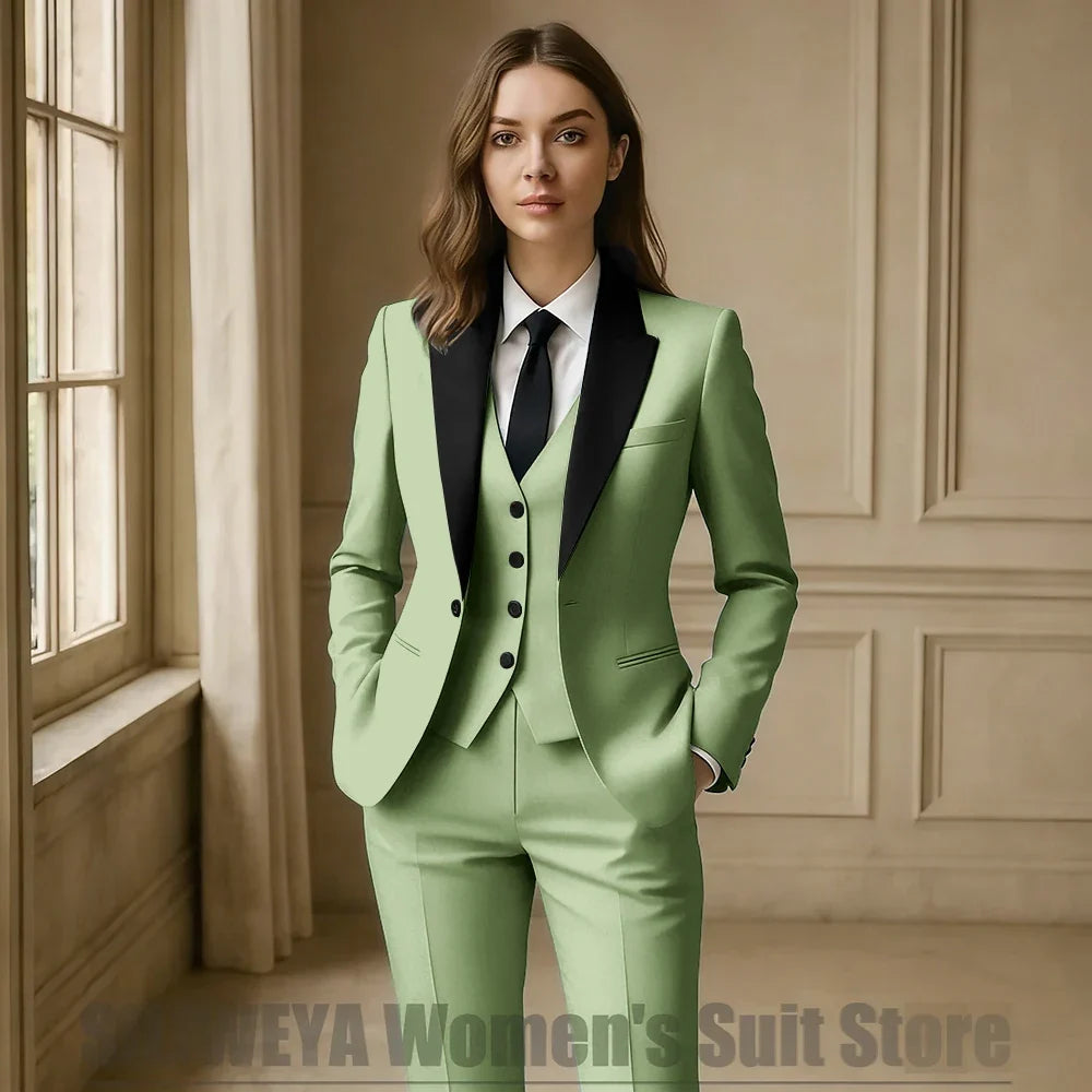 Women Royal Blue 3 Piece Tuxedo Suit Blazer Vest Pants with Black Lapel Slim Fit Formal Party Business Office Outfit