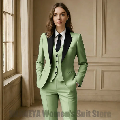 Women Royal Blue 3 Piece Tuxedo Suit Blazer Vest Pants with Black Lapel Slim Fit Formal Party Business Office Outfit