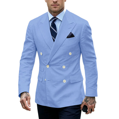 Men's Double Breasted Blazer Slim Fit Linen Suit Jacket Formal Business Casual Tuxedo for Wedding Prom Office Party Daily Wear