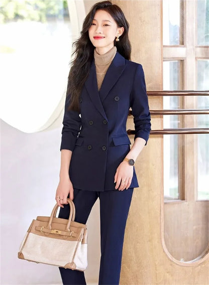 2025 Button Decoration Formal Jacket Blazer and Trouser 2 Piece Set Fashion Pink Green Black Ladies Work Wear Pant Suit Women