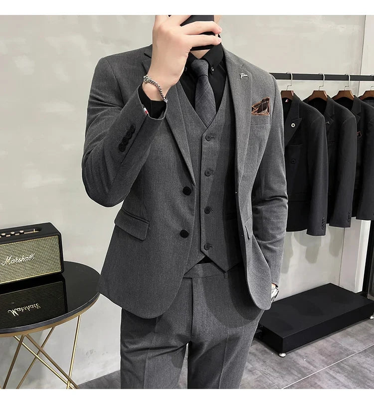 Plus Size S-7XL Man Korean Slim Fit Custom Groom Business Casual Tuxedo Blazers Vest Pant Casual Wedding Social Tuxedo Dress