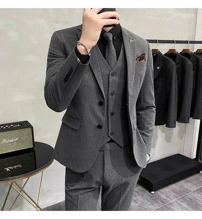 Plus Size S-7XL Man Korean Slim Fit Custom Groom Business Casual Tuxedo Blazers Vest Pant Casual Wedding Social Tuxedo Dress