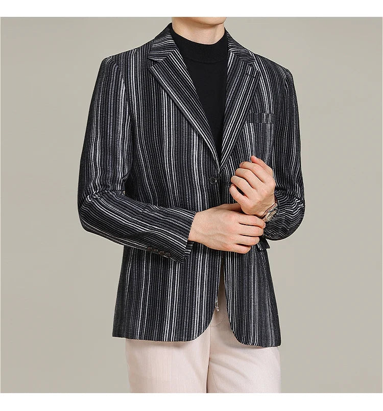 2025 Autumn Winter Velvet Striped Fashion Casual Suit Jacket Slim Fit Versatile Business Blazers Social Wedding Groom Dress Coat