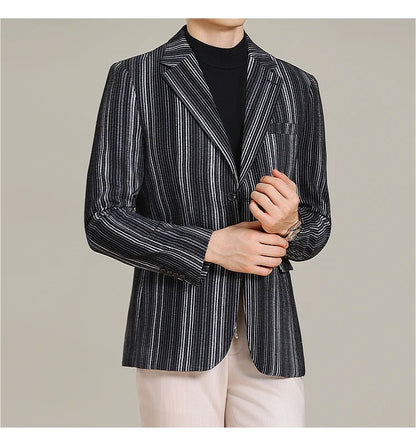 2025 Autumn Winter Velvet Striped Fashion Casual Suit Jacket Slim Fit Versatile Business Blazers Social Wedding Groom Dress Coat