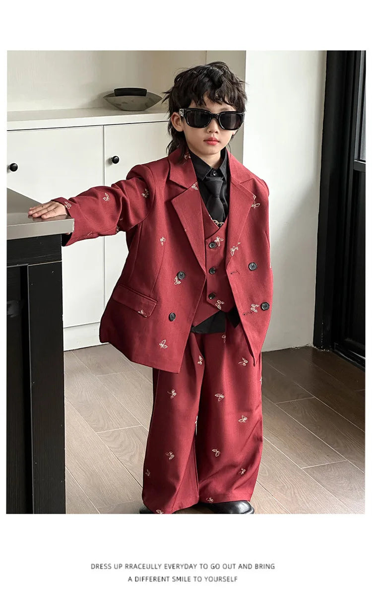 Boys Loose Blazer Jacket Waistcoat Pants Clothes Sets Kids Formal Dress  Suits Casual Child Toddler Party Butterfly Leisure Suit