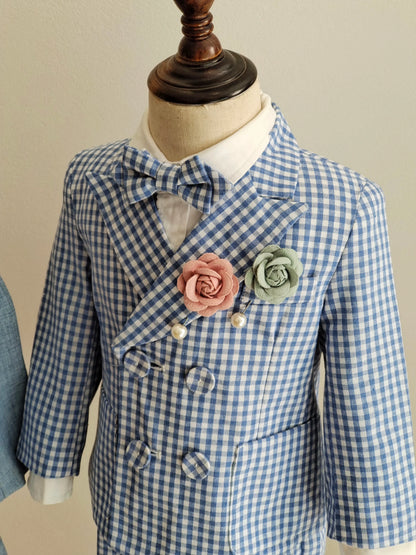 Toddler Baby Boy Checked Formal Suit Set 3 Pcs  Blazer Suspender Short Infant Gentleman Clothes For Wedding Birthday Photography