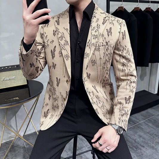 High-end Luxury Printed Slim Fit Suit Jacket For Men 2024 Autumn New Fashion Social Party Casual Suit Coat Swallowtail 4XL-M