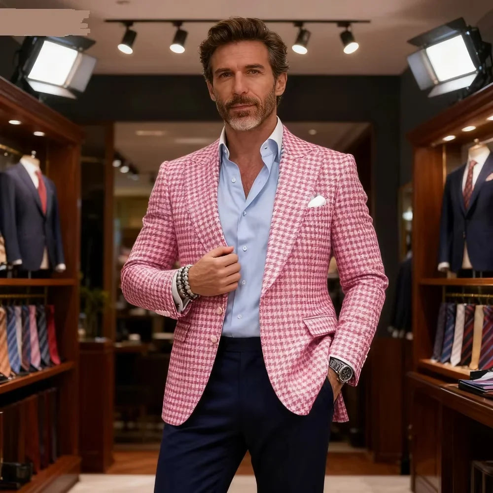 1 Piece Men's Pink Houndstooth Suit Jacket Formal Peak Lapel Blazer for Party Prom Business Groom Tuxedos Tops Only One Coat