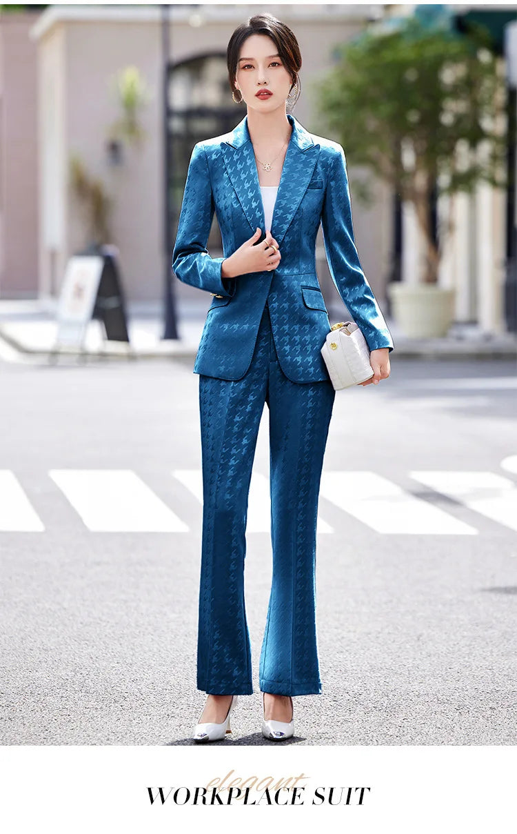 Fashion Ladies Formal Pant Suit Women Houndstooth Single Button Jacket And Trouser Female Business Work Wear 2 Piece Blazer Set