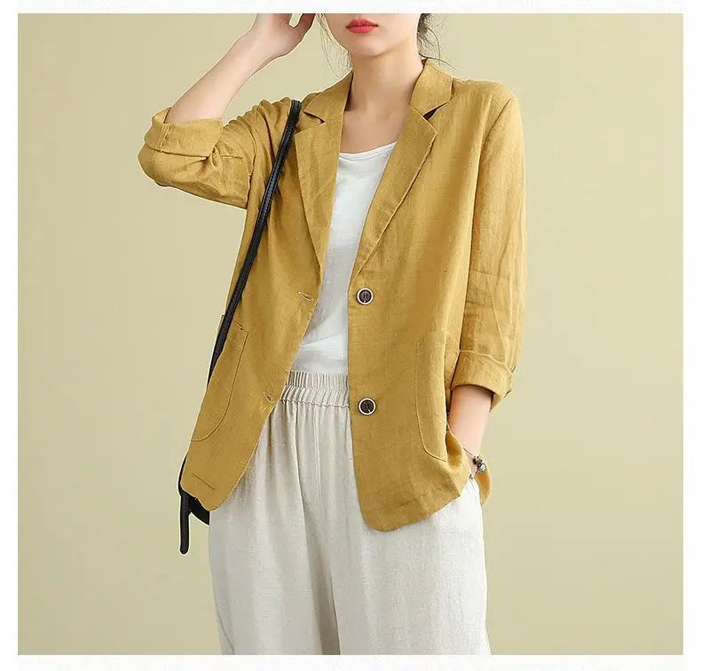 Casual Cotton and Linen Suit Jacket Women 2025 Spring and Summer New Loose solid Long-sleeved Blazer Woman Sunscreen Clothing