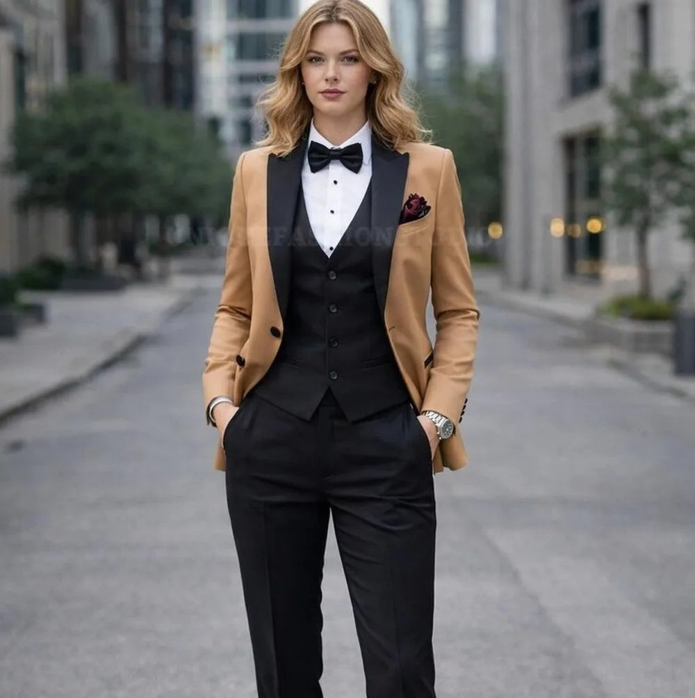 Brown And Black Formal Business Women Suit Wedding Party Prom Ladies Mother Girl Tuxedos Costume 3 Piece Set Blazer Vest Pant