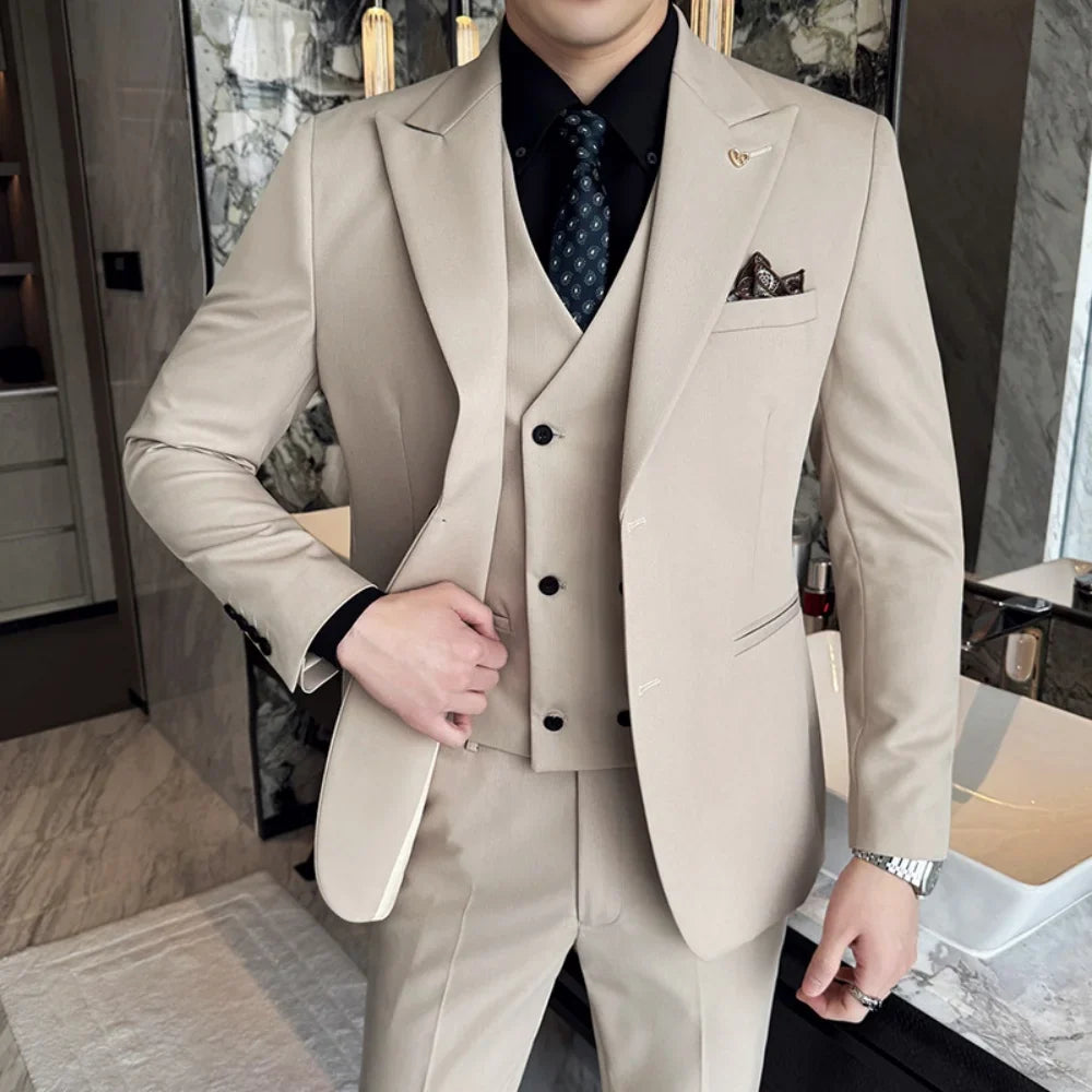 Men's 3 Piece Slim Fit Business Suit Groom Tuxedo With Double Breasted Blazer Vest And Pants For Wedding Party