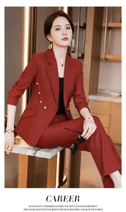 Office Lady Formal Blazer Pants Suits 2 Piece Matching Set Conjuntos Para Mujeres Plus Size Jacket Split Flare Pants Sets New