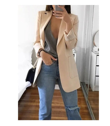 Women's Casual Blazer Notched Lapel Long Sleeve Open Jacket with Pockets Slim Fit Spring Autumn Office Lady Streetwear Coat
