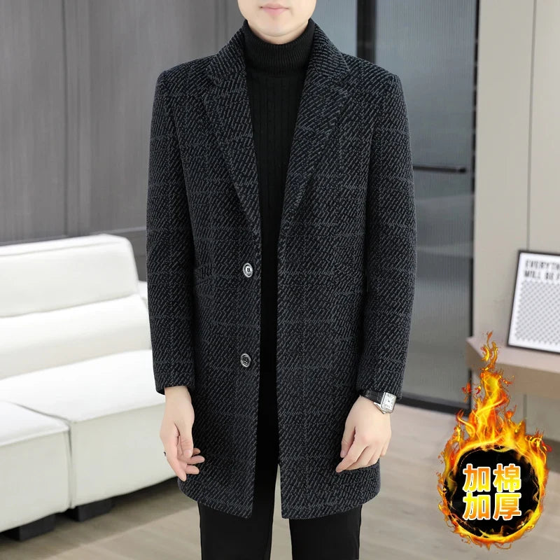 High-quality winter men's fashionable and stylish woolen overcoat, suit collar, mid-length windbreaker, woolen coat