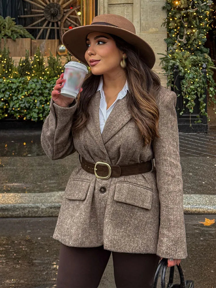 Woman Autumn Single Breasted Pocket Decoration Long Sleeves Lapel Herringbone Twill Blazer Female Fashion Casual Overcoat