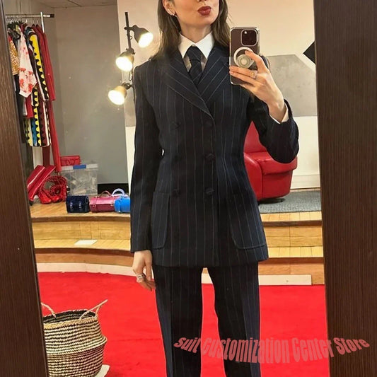 Professional Navy Pinstripe Women Clothes Double-Breasted Notch Lapel Suit Tailored Blazer+Pants Set for Formal Business