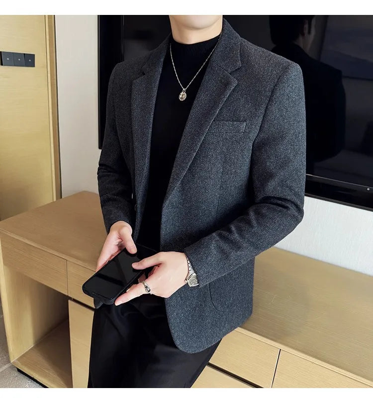 High Qualitys Thickened Wool Suit Jacket Autumn Winter New Luxury Solid Color Formal Men Business Slim Fit Social Party Tuxedo