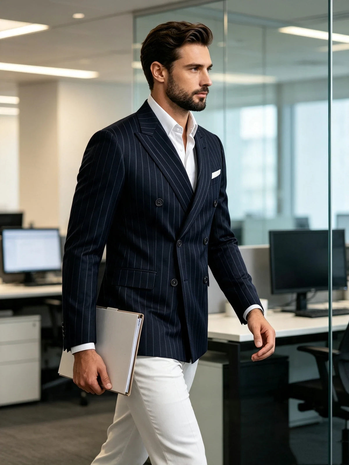 Men Striped Double Breasted Suit Jacket Notch Lapel Business Slim Fit Formal Blazer Elegant Lightweight Dress Coat For Prom Work