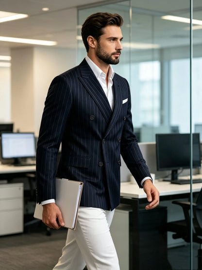 Men Striped Double Breasted Suit Jacket Notch Lapel Business Slim Fit Formal Blazer Elegant Lightweight Dress Coat For Prom Work