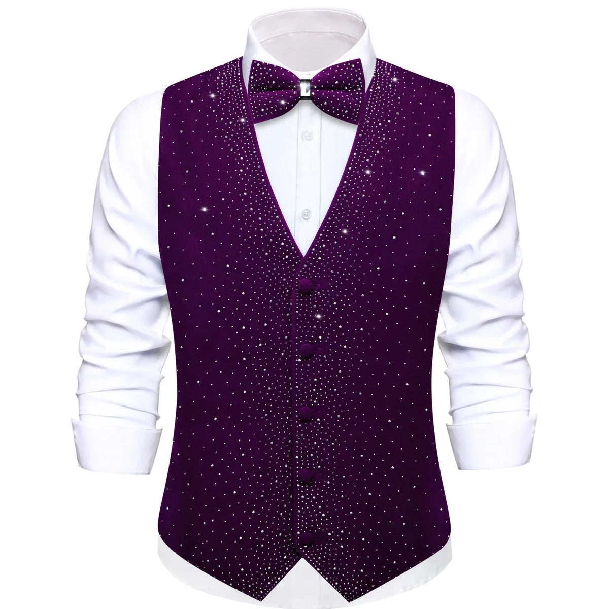 Men's Velvet Vest with Bow Tie – Slim Fit Purple Rhinestone Formal Waistcoat for Wedding & Party