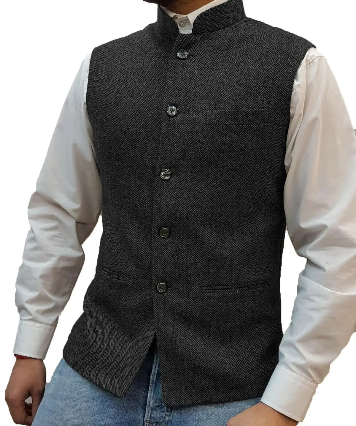 Men's Vest Standing Collar Herringbone Woolen Blend Single Breasted Waistcoat for Business & Casual Wear