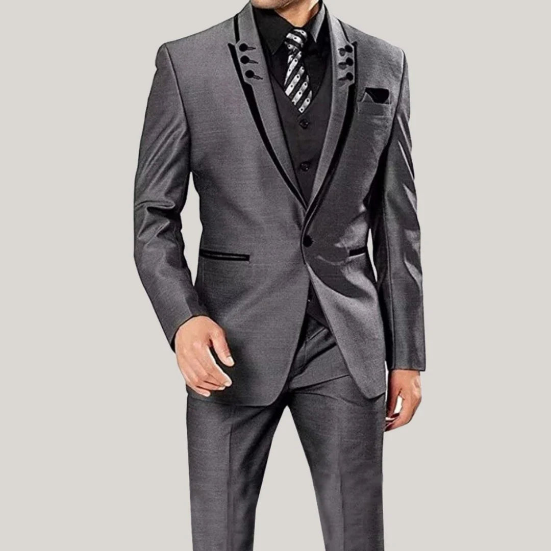 Men Suit 3 Piece Gray Single Button With Black Ruffle For Wedding Groom Banquet Birthday Work Tuxedo Jacket Vest With Pants