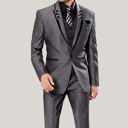 Men Suit 3 Piece Gray Single Button With Black Ruffle For Wedding Groom Banquet Birthday Work Tuxedo Jacket Vest With Pants