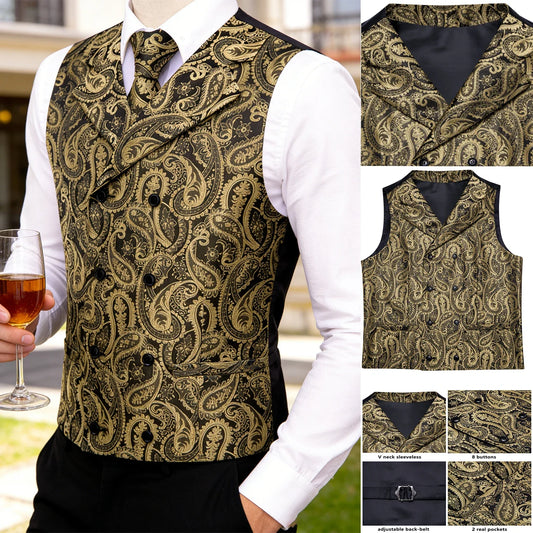 Men's Vest Set with Tie Hanky and Cufflinks – Golden Paisley Single Breasted for Weddings and Events