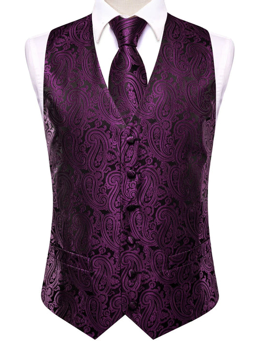 Men's Vest Suit Accessory Set – Double Breasted Waistcoat with Necktie & Pocket Square for Formal Occasions – Purple