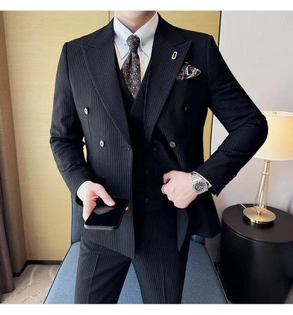 Korean Slim Fitt Wedding Suit Fashion Striped Double Breasted Suit 3 Piece Set Business Formal Casual Party Prom Host Suits