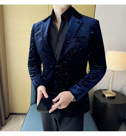 2025 Autumn New Velvet Jacket Men's Blazer Business Fashion Hot Stamping Printed Suit Jacket High-quality Luxury Dress Suit