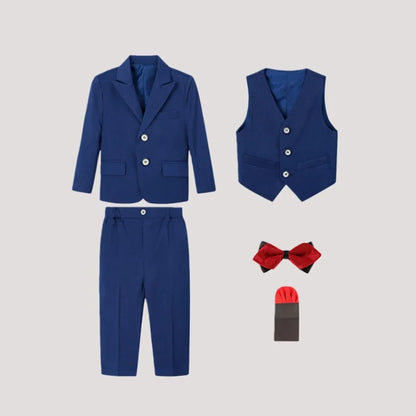 Boys Slim Fit Suit Set Kids Wedding Birthday Outfit Children's Performance Costume With Jacket Vest Pants Bowtie+Pocket Towel