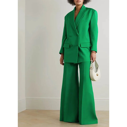 Green Loose Double Breasted Women Suit Two Pieces(Jacket+Pants) Outfits Chic Casual Party Prom Wedding Set