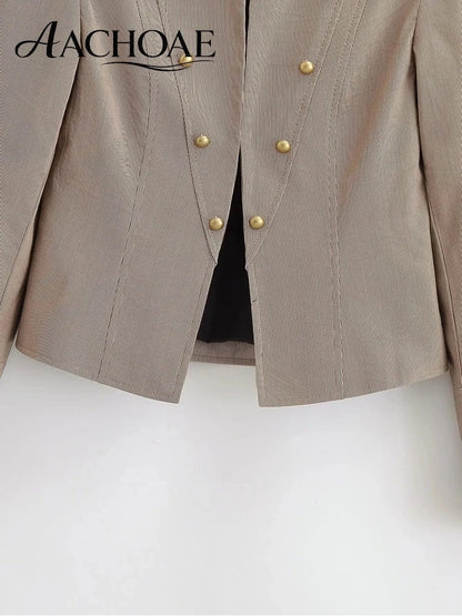 Women Military Style Cropped Blazer Jacket Gold Button Slim Short Suit Coat Stand Collar Elegant Office Lady Outerwear