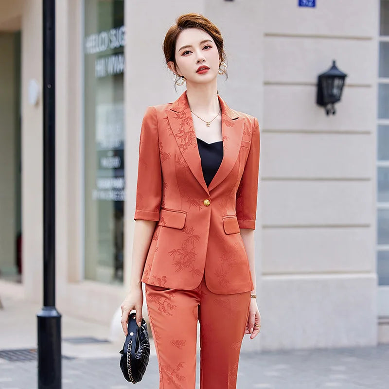 Two-piece Sets of Pants and Blazer for Women Printed Suit for Female Elegant Clothing with Acetate Yellow Khaki Spring Summer