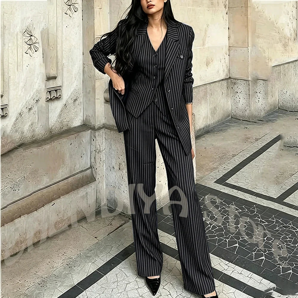Tailor-Made Striped Suit For Women High Quality Peaked Lapel Single Breasted Three Piece Business Office Lady Formal Outfit