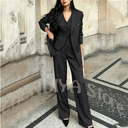 Tailor-Made Striped Suit For Women High Quality Peaked Lapel Single Breasted Three Piece Business Office Lady Formal Outfit